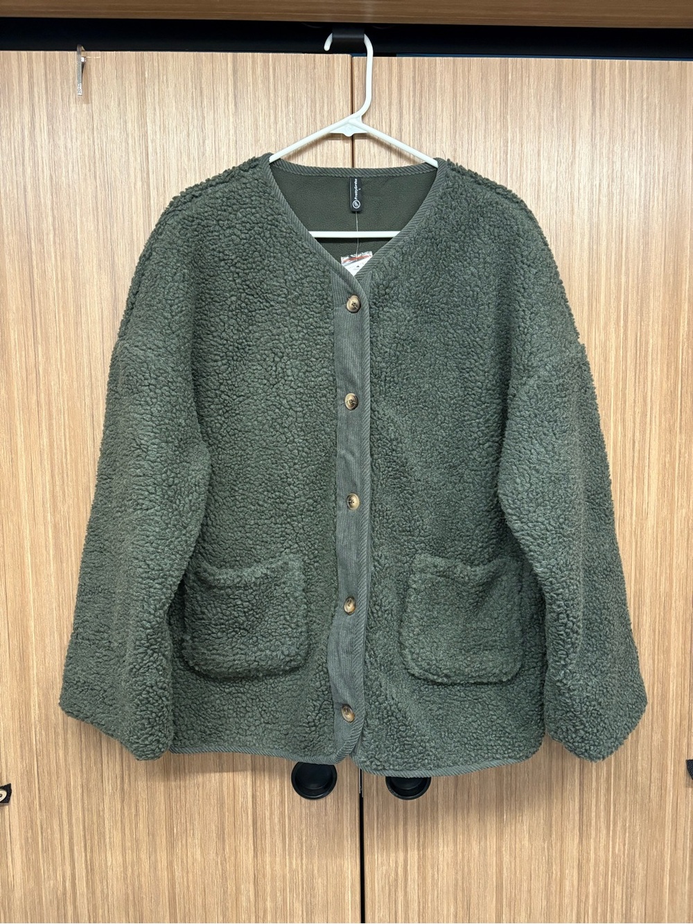 Women's Olive Teddy Jacket with Button Front